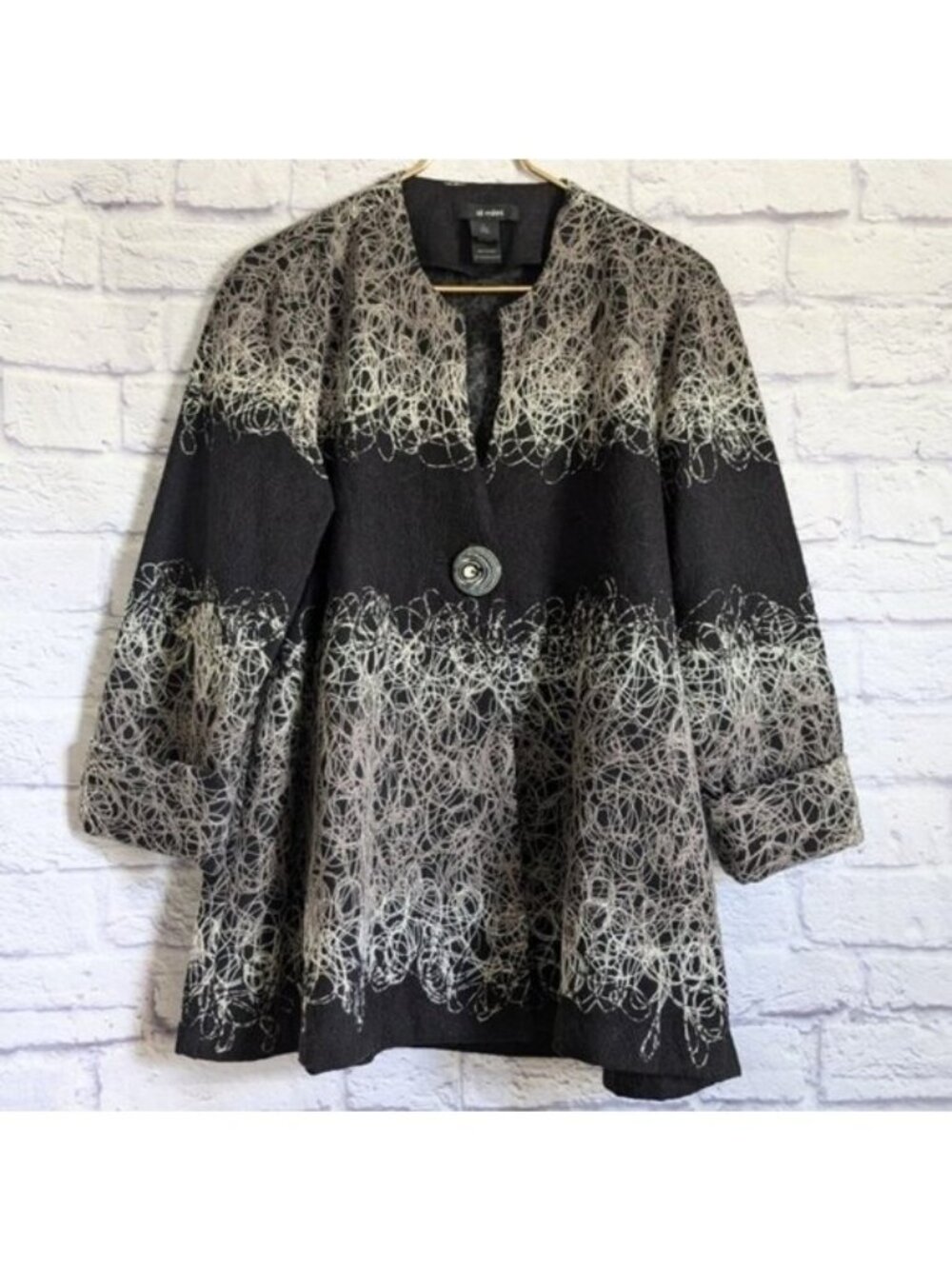 Ali Miles Embroidered Pea Coat Jacket L NEW Black Gray Langenlook Boho Artsy